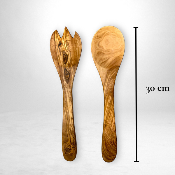 Löffel- und Gabelset aus Olivenholz - 30 cm