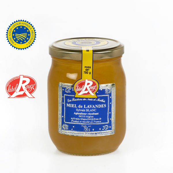 Pot en verre contenant 750 grammes de Miel de Lavande Fine montant les labels IGP et Label Rouge