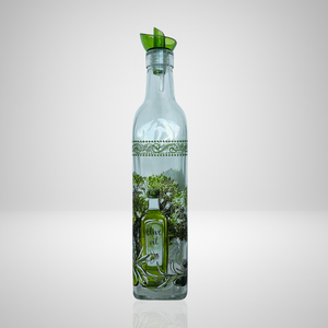 Huilier en verre transparent de 500 ml avec décor d'oliviers, collerette anti-goutte en forme d'entonnoir et bouchon de protection. avec text "olive oil"