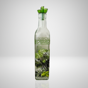Huilier en verre transparent de 500 ml avec décor d'oliviers, collerette anti-goutte en forme d'entonnoir et bouchon de protection avec dessin d'un olivier et d'olives