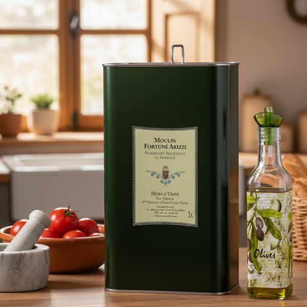Bidon 3L Huile d'Olive Vierge Extra & Décanteur Illustré