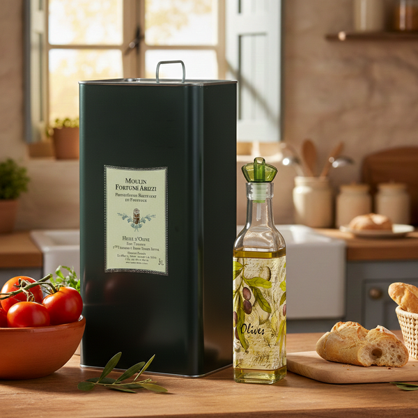 Bidon 5L Huile d'Olive Vierge Extra & Décanteur Illustré