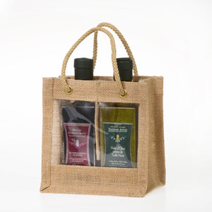 Sac en jute avec fenêtre montrant une bouteille de 250 ml d'huile de truffe et une bouteille de 250 ml de vinaigre balsamique