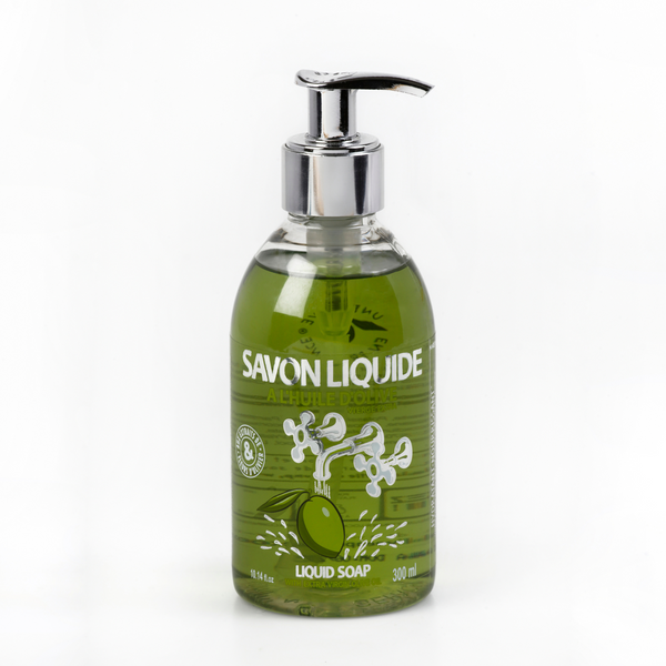 Bouteille avec pompe verseur contenant 300 ml de Savon Liquide à l'Huile d'Olive Vierge Extra